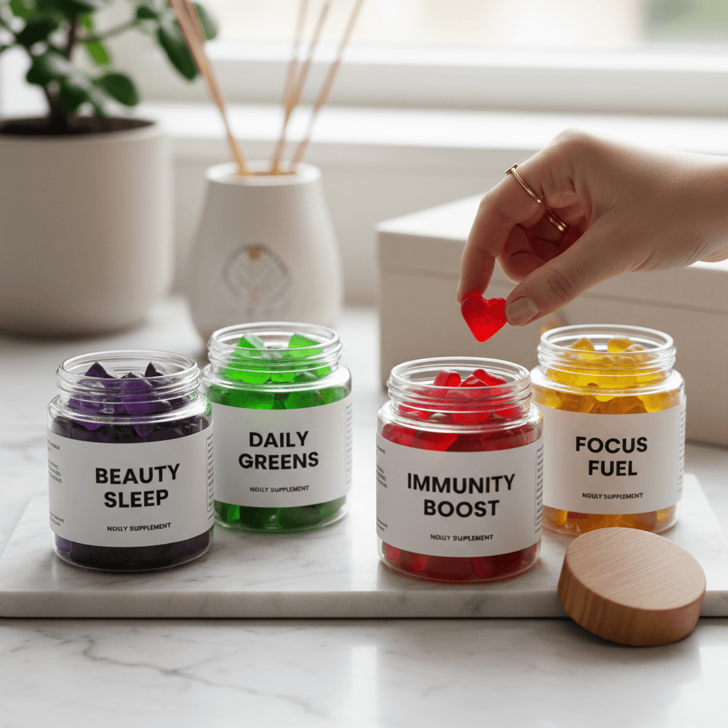 Fit person holding Jelly Lean Gummies bottle in bright modern wellness environment