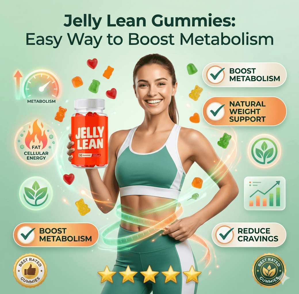 Smiling woman in athletic wear holding Jelly Lean gummies with metabolism and weight loss icons.